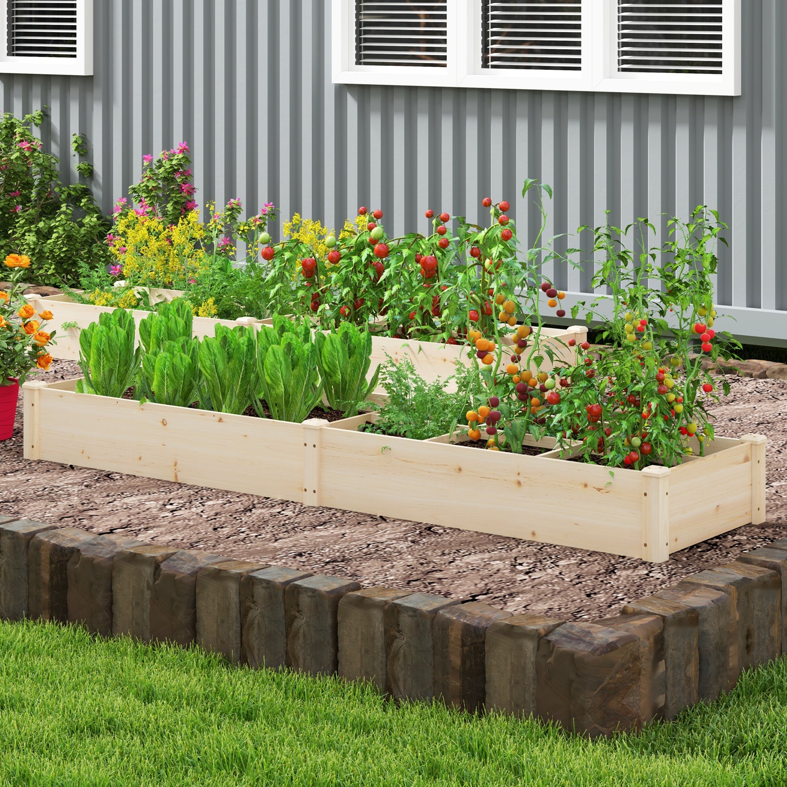 Wooden Raised Open-Ended Base Garden Bed with 2 Planter Boxes Divider-Natural