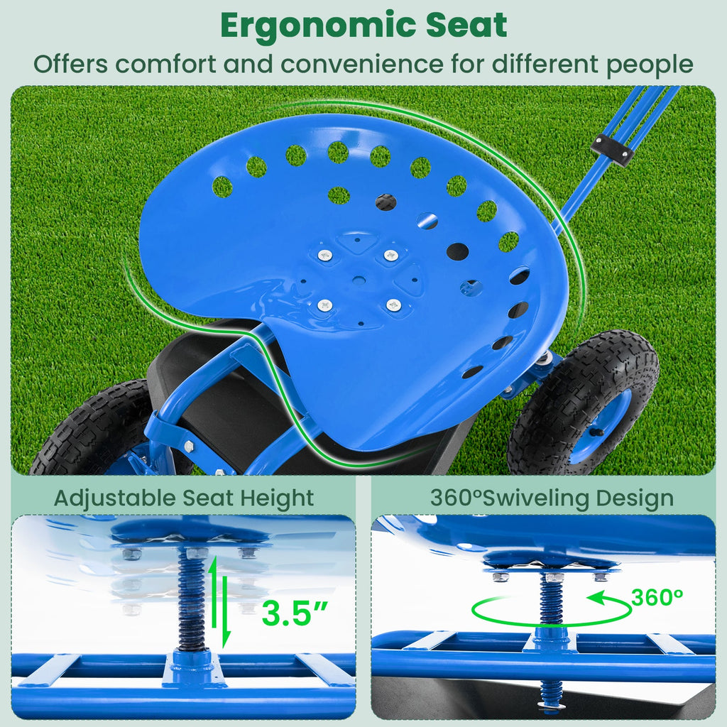 Heavy Duty Garden Cart with Tool Tray and 360 Swivel Seat-Blue