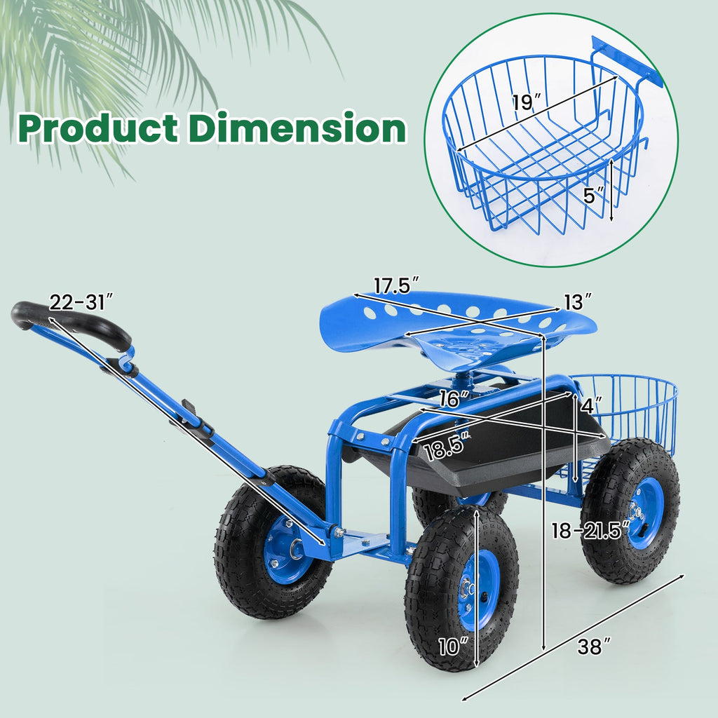 Heavy Duty Garden Cart with Tool Tray and 360 Swivel Seat-Blue
