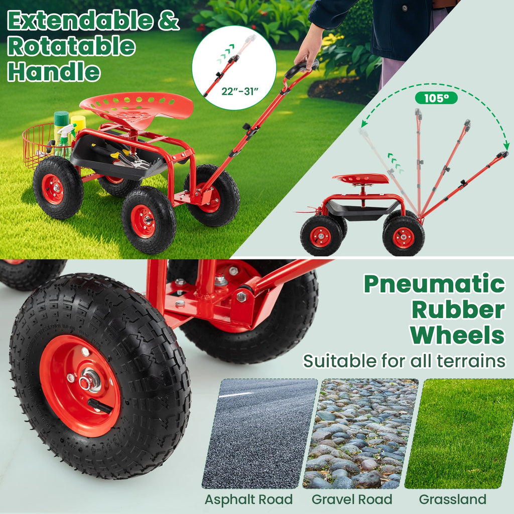 Heavy Duty Garden Cart with Tool Tray and 360 Swivel Seat-Red