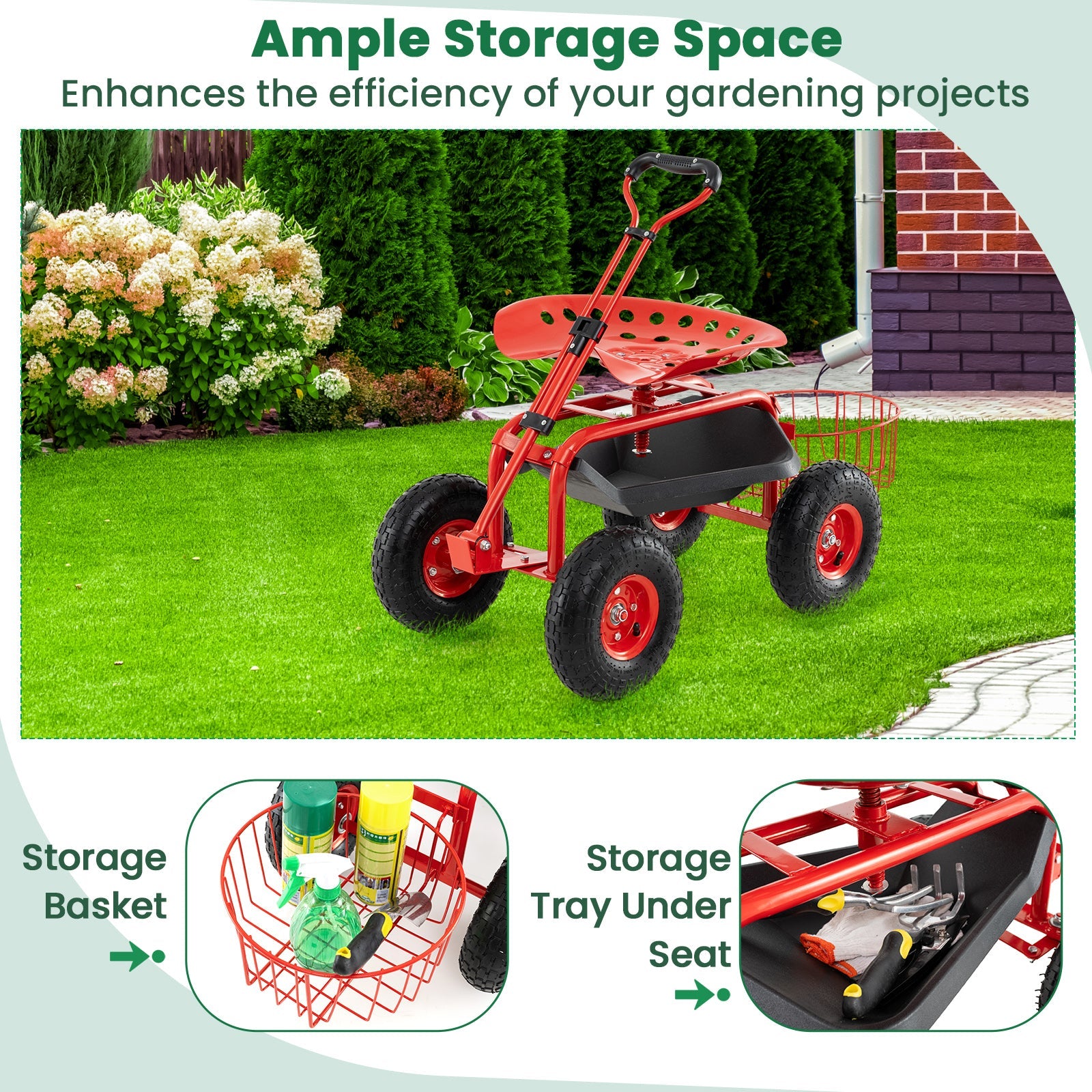 Heavy Duty Garden Cart with Tool Tray and 360 Swivel Seat-Red