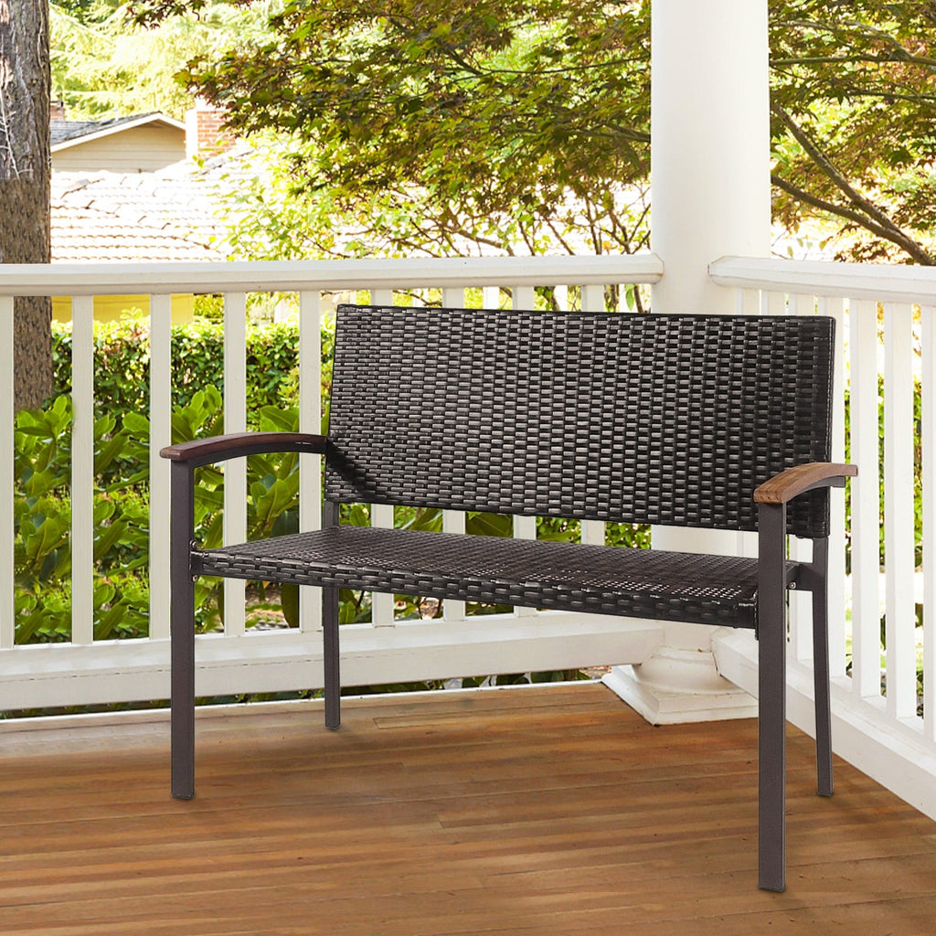 Outdoor Patio Rattan Wicker Bench with Armrest for Garden