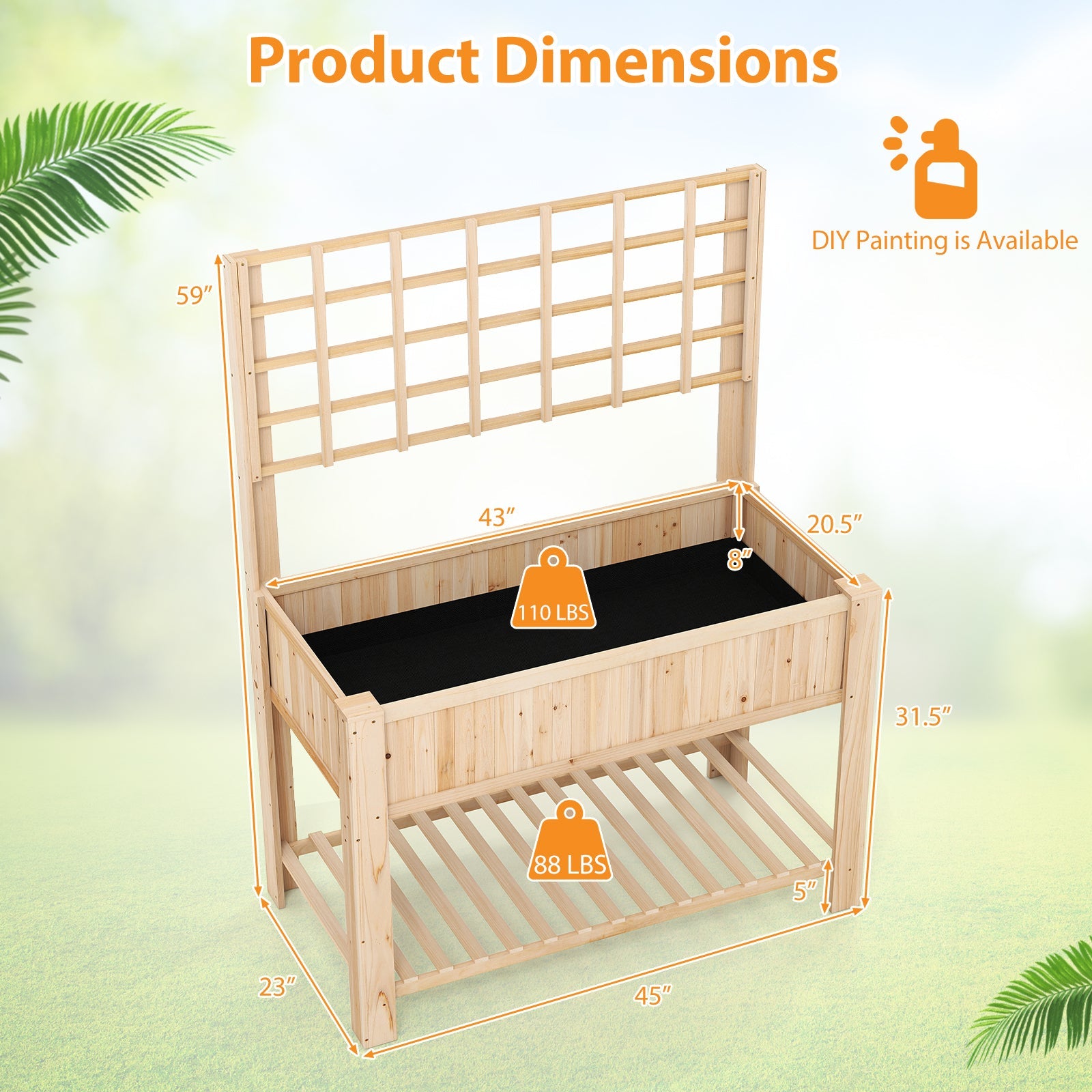 Raised Garden Bed with Trellis Wooden Elevated Planter Box with Legs-Natural