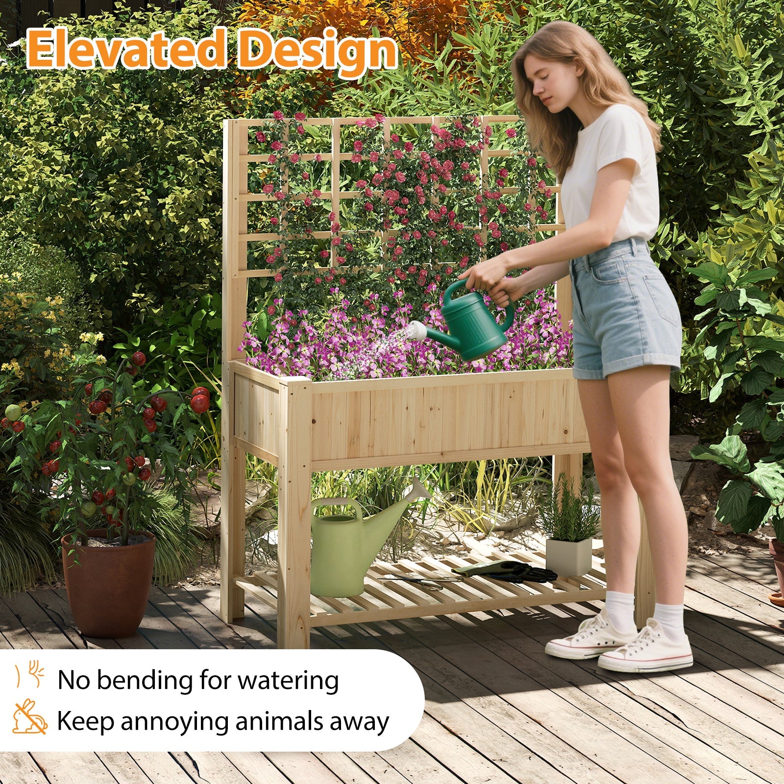 Raised Garden Bed with Trellis Wooden Elevated Planter Box with Legs-Natural