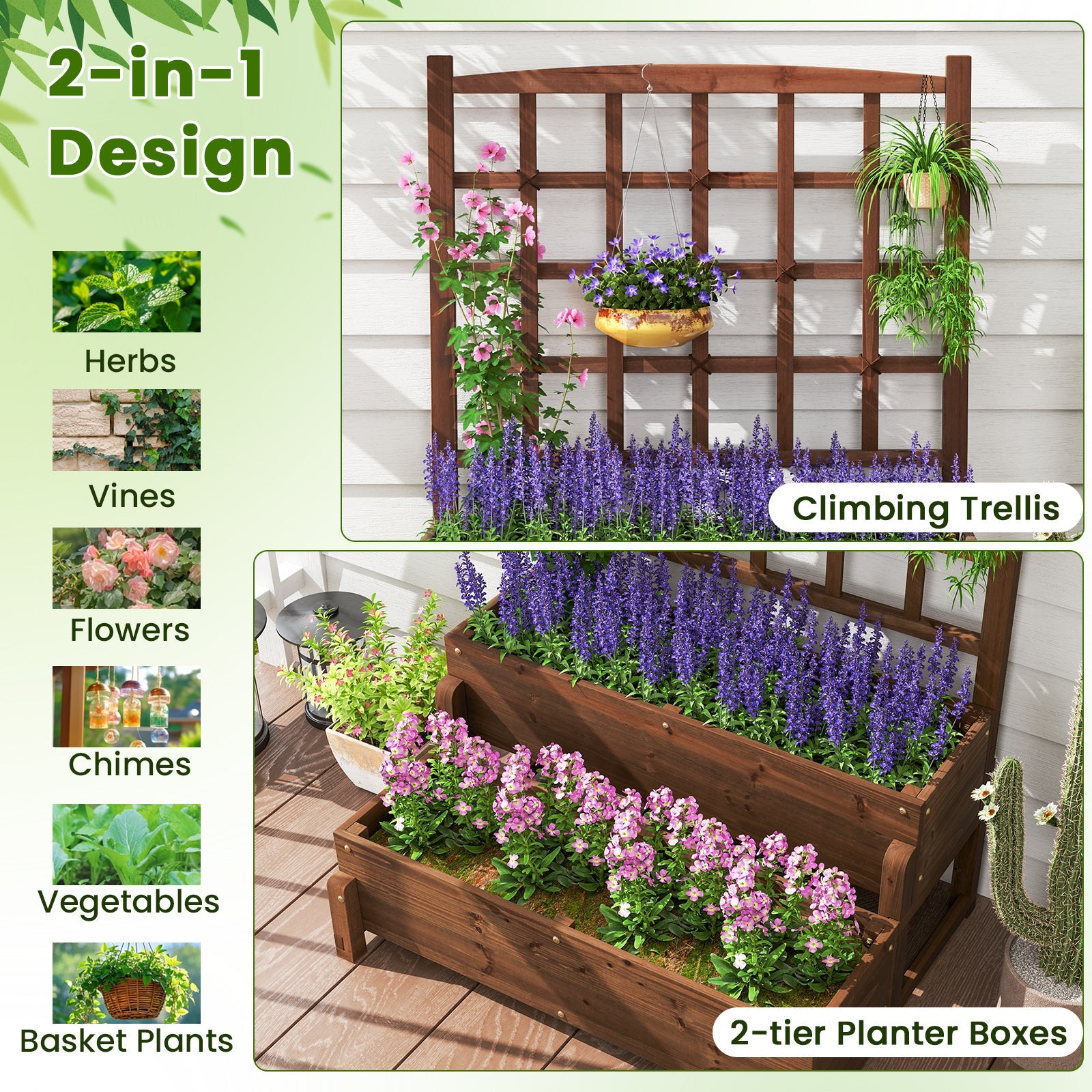 Raised Garden Bed with Trellis 2-tier Wood Planter Box with Drainage Holes-Rustic Brown