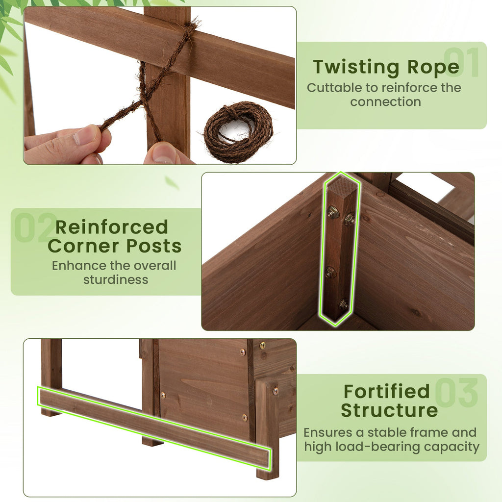 Raised Garden Bed with Trellis 2-tier Wood Planter Box with Drainage Holes-Rustic Brown