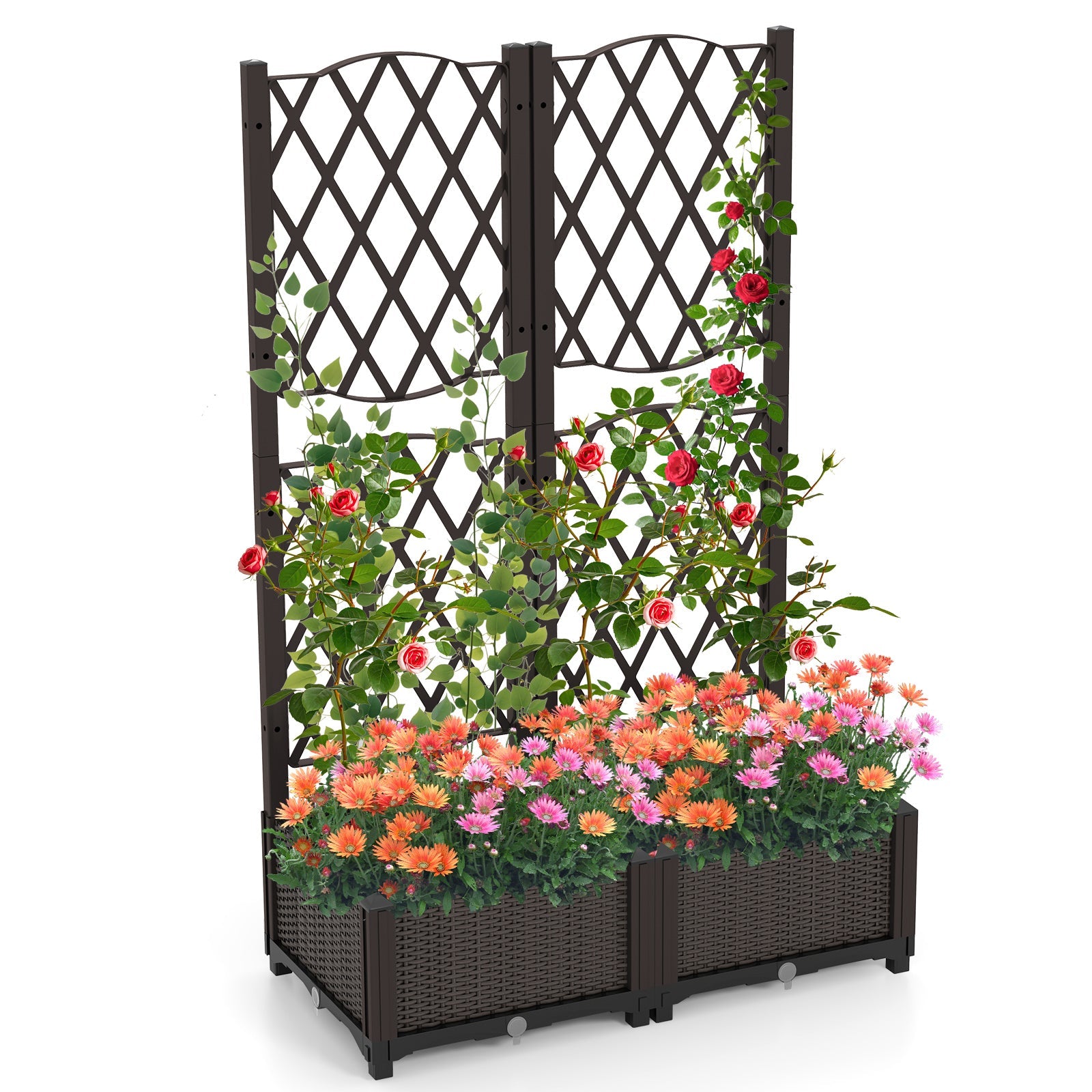 PE Rattan Raised Garden Bed with Trellis Planter Box for Climbing Plants-Brown