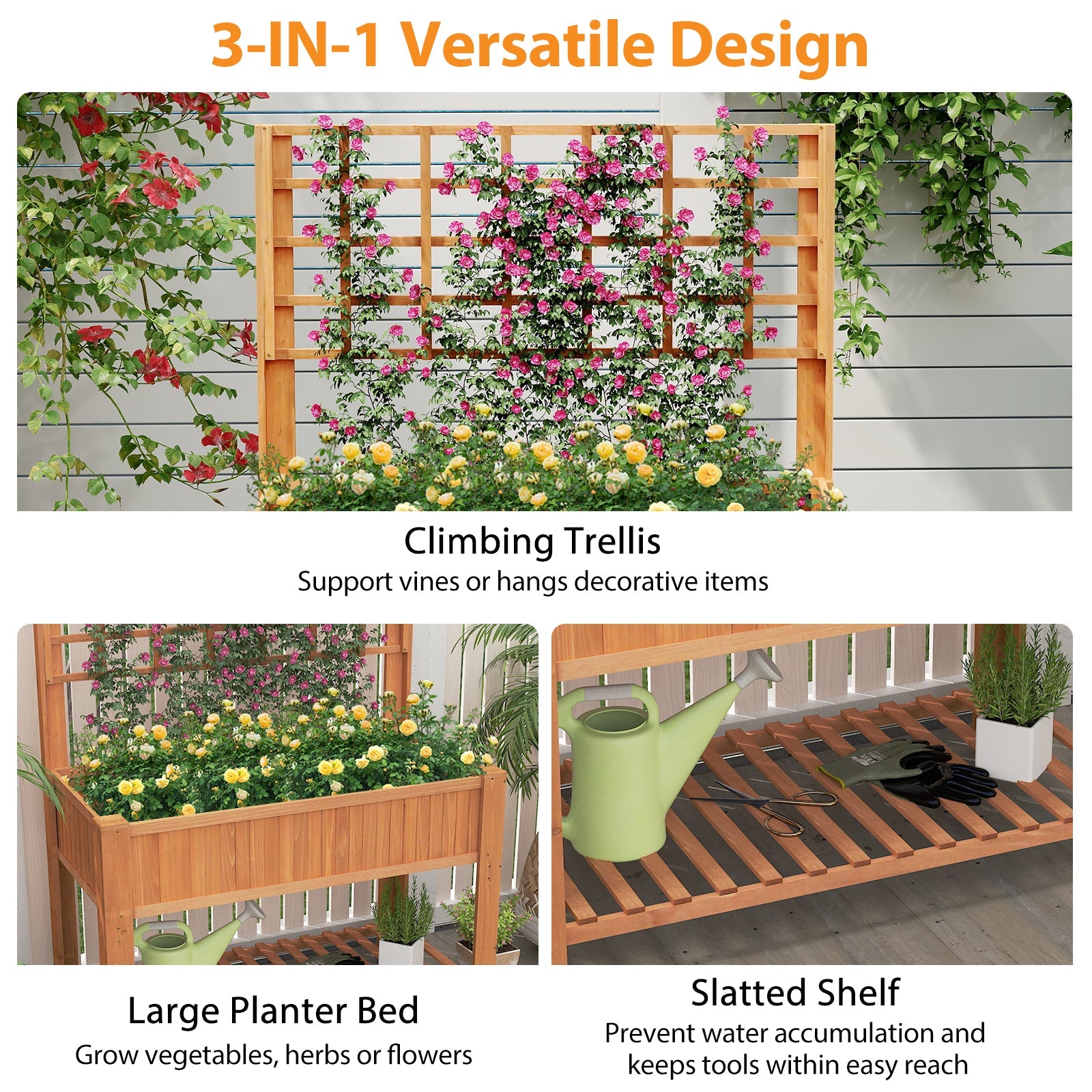 Raised Garden Bed with Trellis Wooden Elevated Planter Box with Legs-Orange