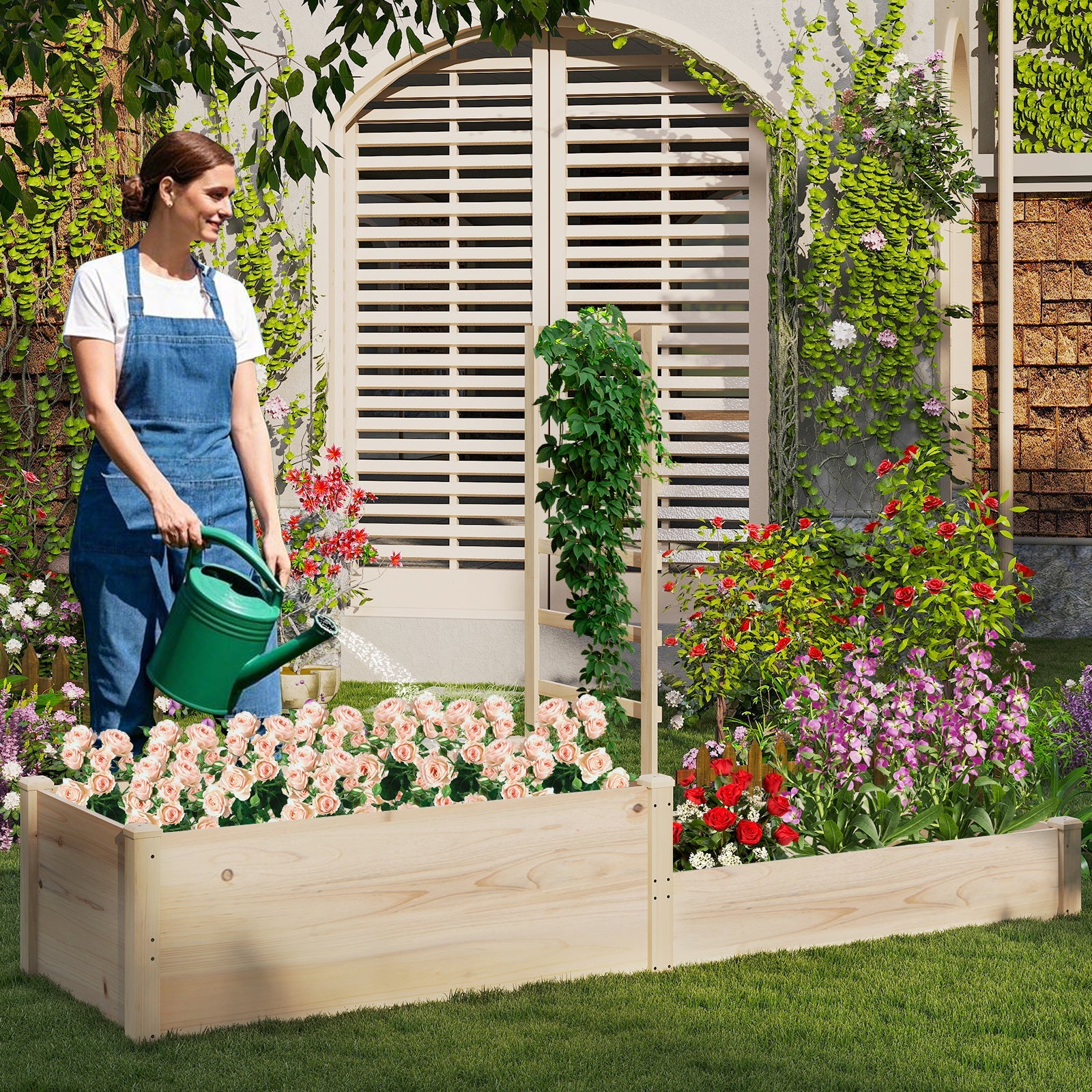 Raised Garden Bed with Trellis 87 Inch Wooden Elevated Planter with 2 Planter Boxes-Natural