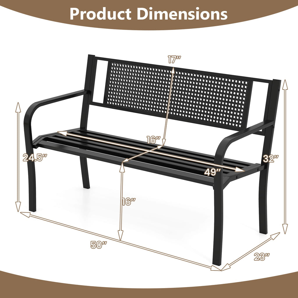 50 Inches Garden Bench with Patterned Backrest and Curved Armrests-Black